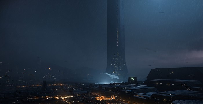 Brandon Gobey science fiction cityscape in rain