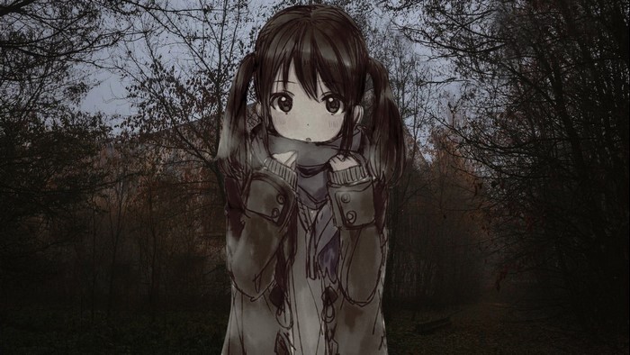 Anime girl with pigtails in a dark forest