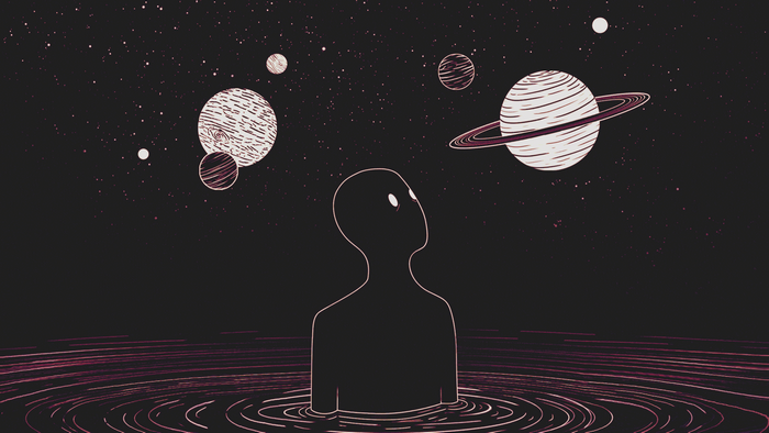 A figure looks up at planets in the cosmos