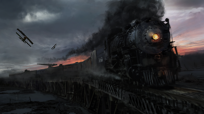 Artwork of a steam locomotive on a bridge with biplanes at sunset