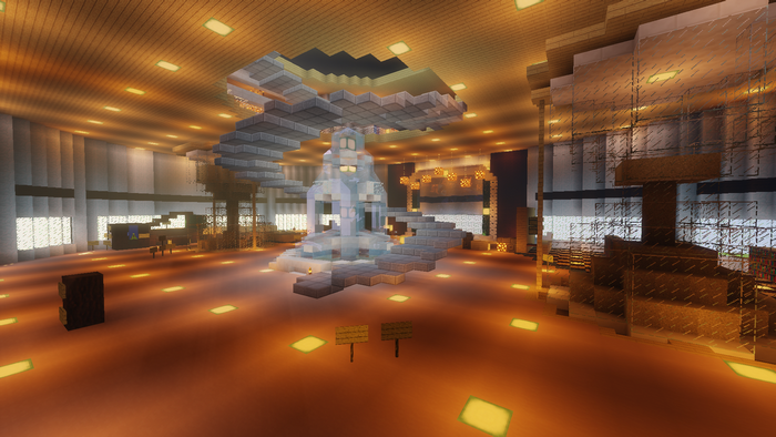Minecraft RPG interior with ice fountain and glass walls