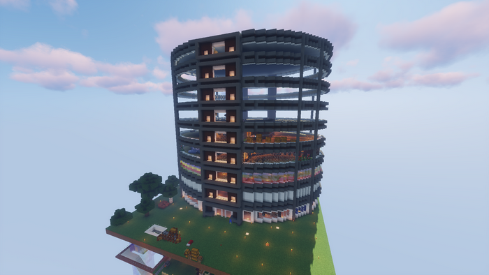Minecraft RPG building with trees and sky