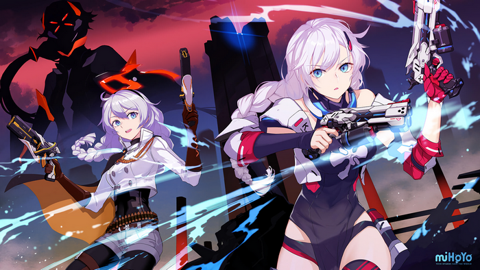 Kiana Kaslana from Honkai Impact 3rd with weapons