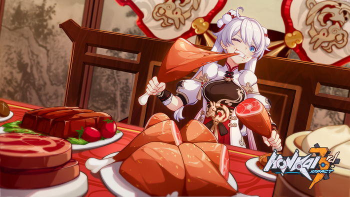 Kiana Kaslana from Honkai Impact 3rd eating meat
