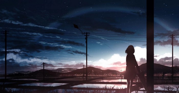 Anime girl standing by a field at sunset