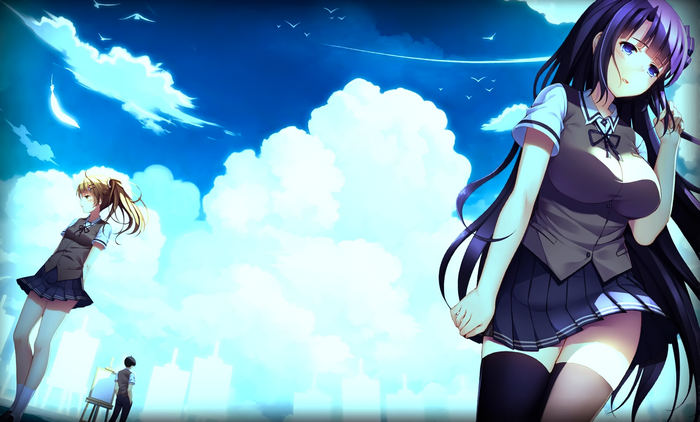 Two anime girls and a boy in a sky with clouds