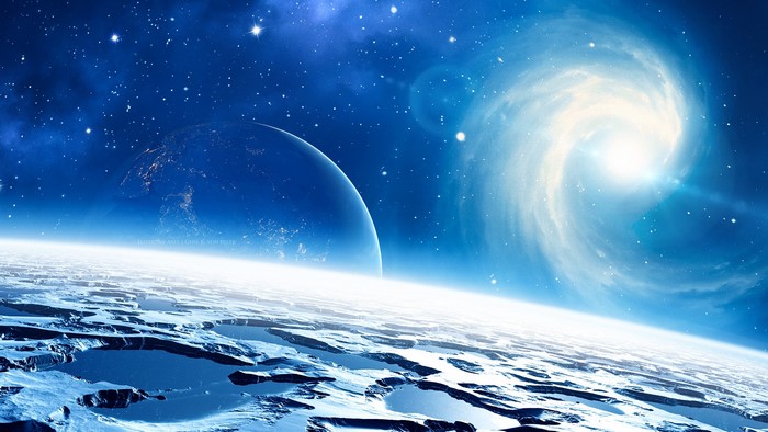Space scene with planets and a galaxy