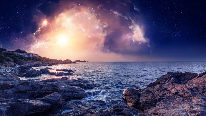 Digital art dreamscape of a nebula over a rocky coast