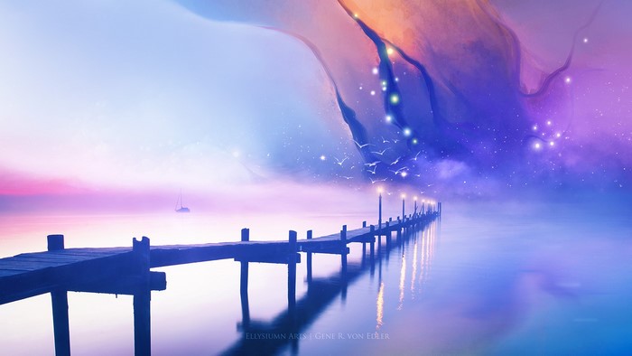 Surreal nebula over a pier with a sailboat