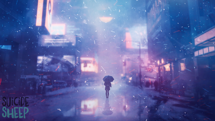 Person with umbrella in snowy city street