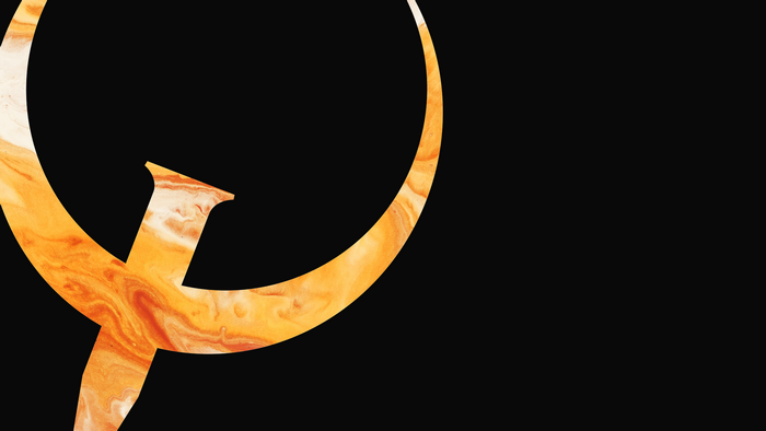 Quake logo with orange and white paint splash on black background