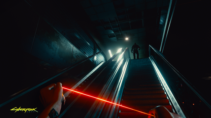 Cyberpunk 2077 screenshot with red laser