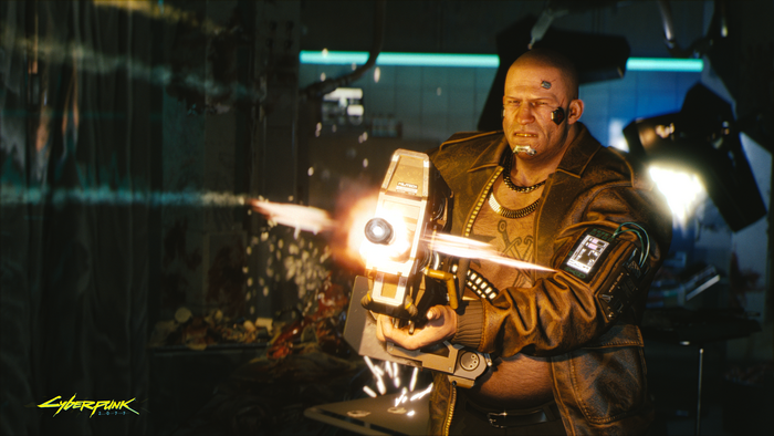 Man firing a weapon in Cyberpunk 2077