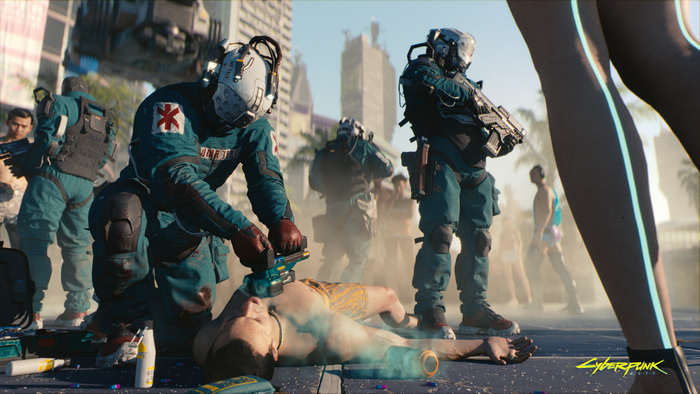 Trauma Team from Cyberpunk 2077 performing medical procedure