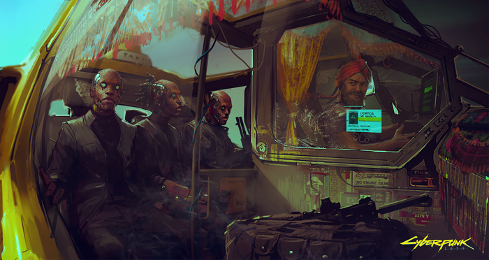 Cyberpunk 2077 concept art of passengers in a taxi