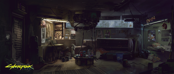 Cyberpunk 2077 concept art of a messy apartment