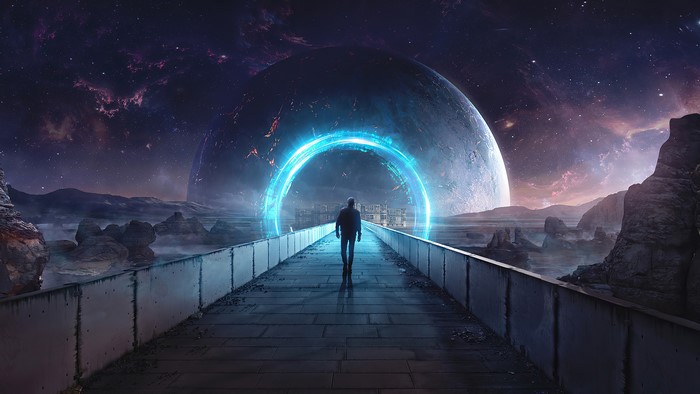 Man walking on a bridge towards a glowing portal and planet