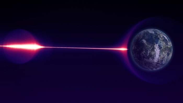 Earth and a light beam in space