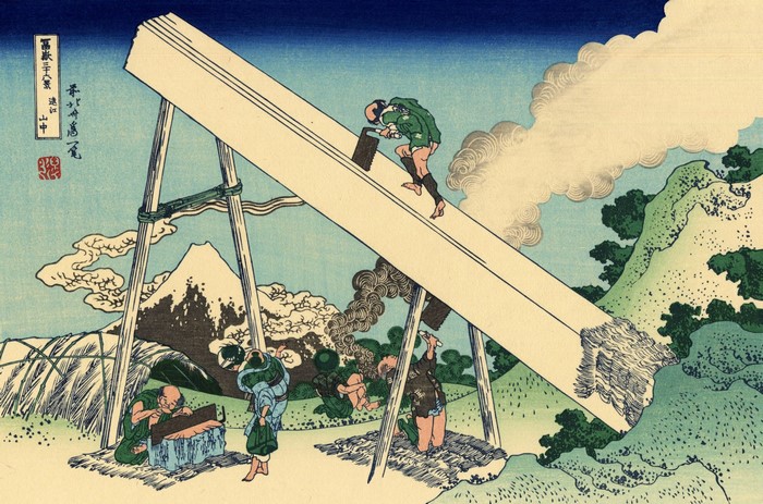 Japanese Woodcut of Men Sawing a Large Beam