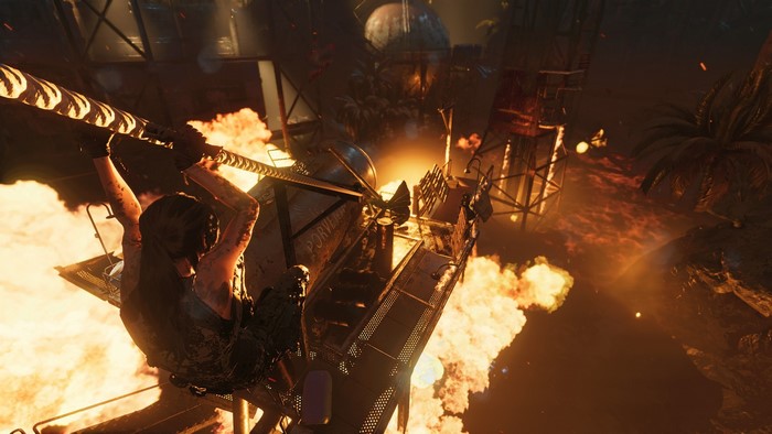 Lara Croft in Shadow of the Tomb Raider during a fire