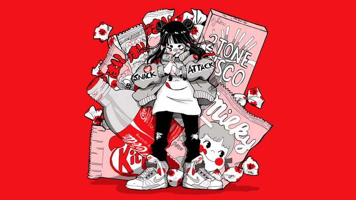 Anime girl with snacks and Coca-Cola