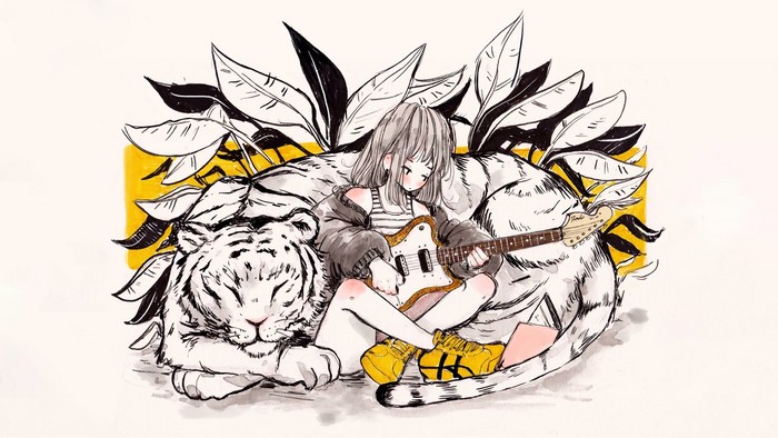 Anime girl playing electric guitar with tigers
