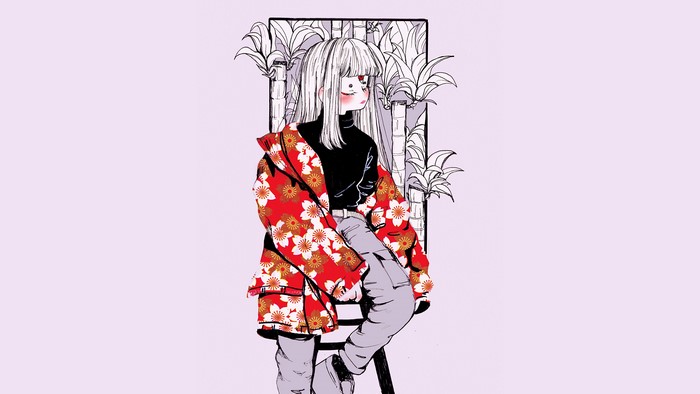 Anime girl in floral jacket with bamboo