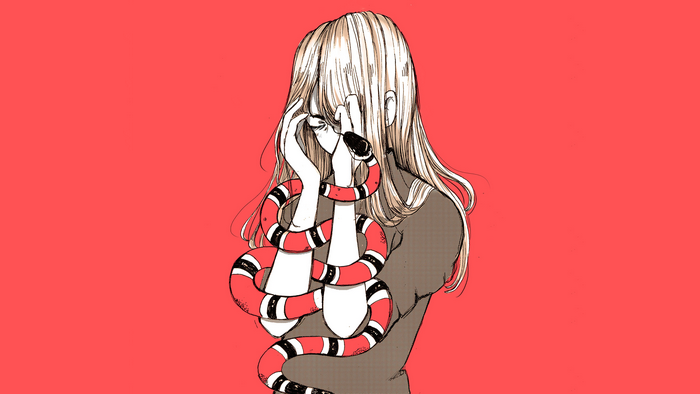 Anime girl with snake on red background