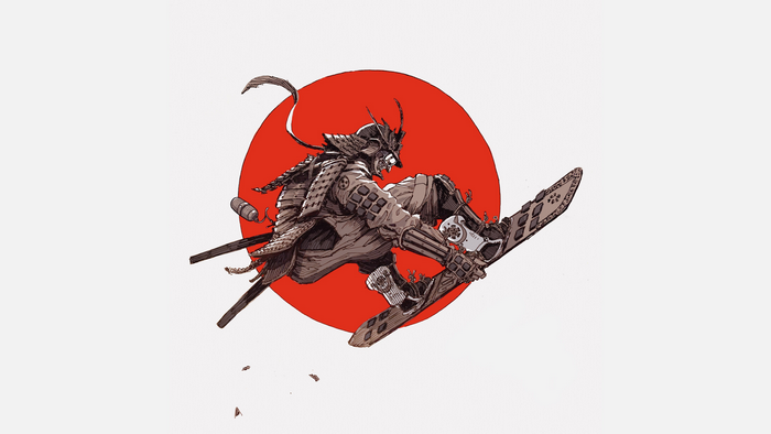 Samurai snowboarding in front of a red sun