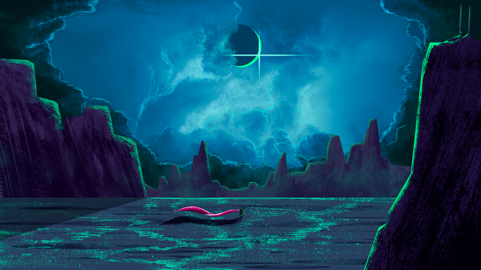 Fantasy landscape with eclipse and storm