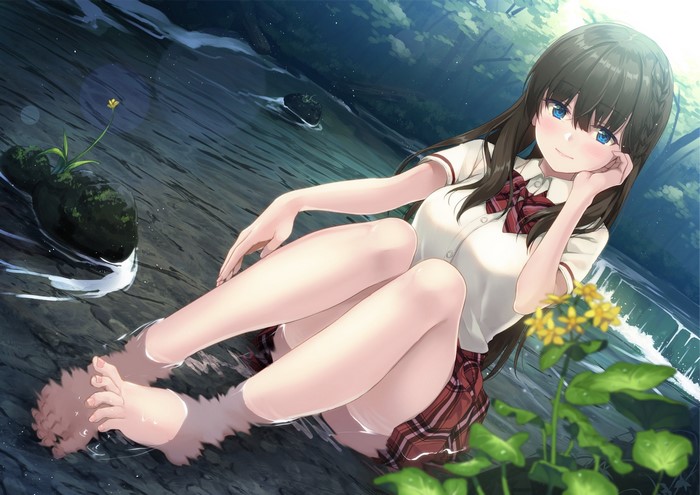 Anime girl in school uniform sitting in water