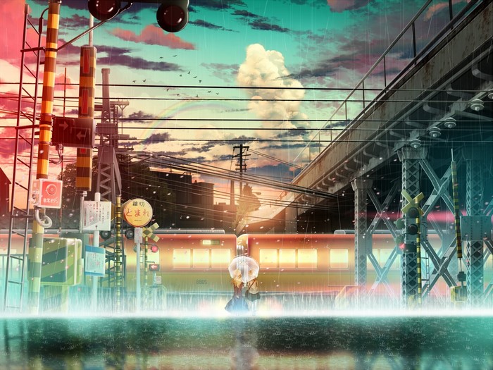 Anime girl with umbrella at train crossing in the rain