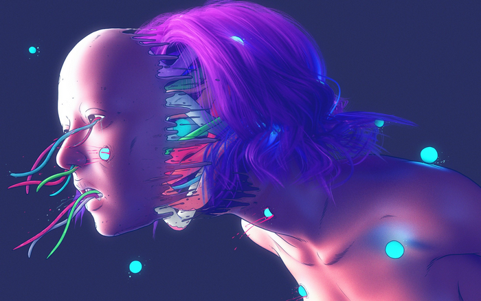 Robot with exposed head and colorful wires