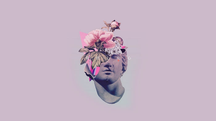 Collage of Roman bust with flowers and Japanese text