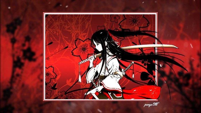 Anime girl with katana on red background with flowers