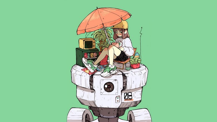 Anime girl with umbrella on robot