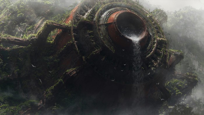 Ruined thruster overgrown with moss and grass with waterfall