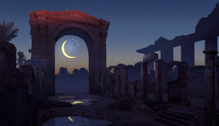 Artwork of ancient ruins under a crescent moon