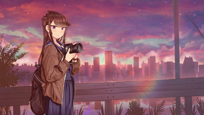 4K Komi Shoko from Komi Can't Communicate with camera at sunset cityscape