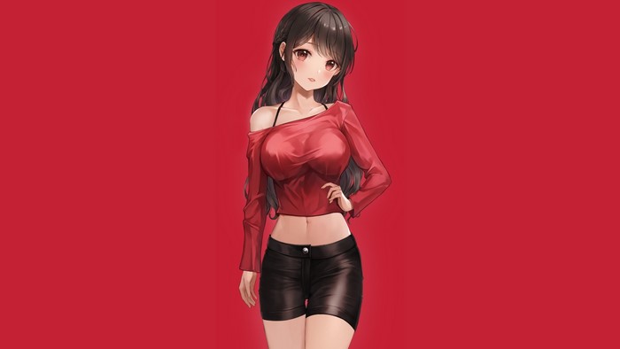 Anime girl in red off-shoulder top and black shorts