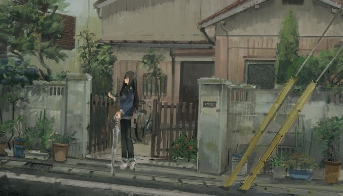 Anime girl with umbrella standing on street