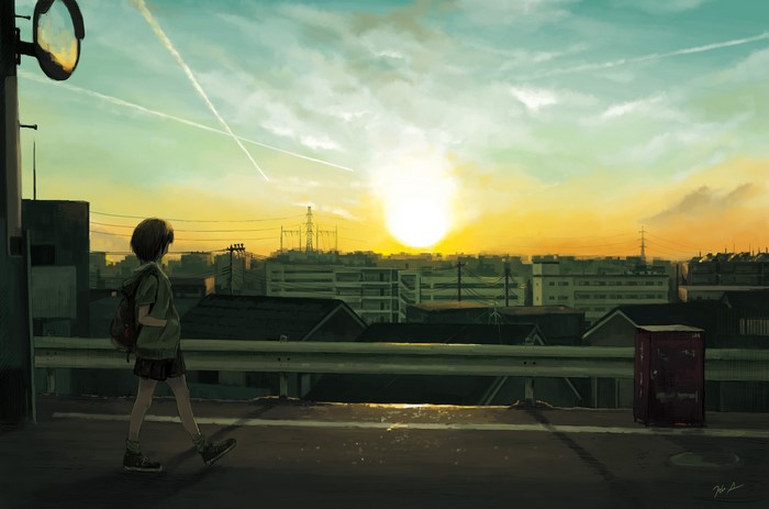 Anime girl walking through a city at sunset