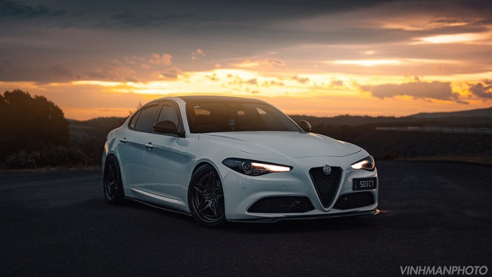 White Alfa Romeo Giulia at Sunset