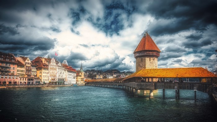 Kapellbrücke bridge and Water Tower in Luzern, Switzerland