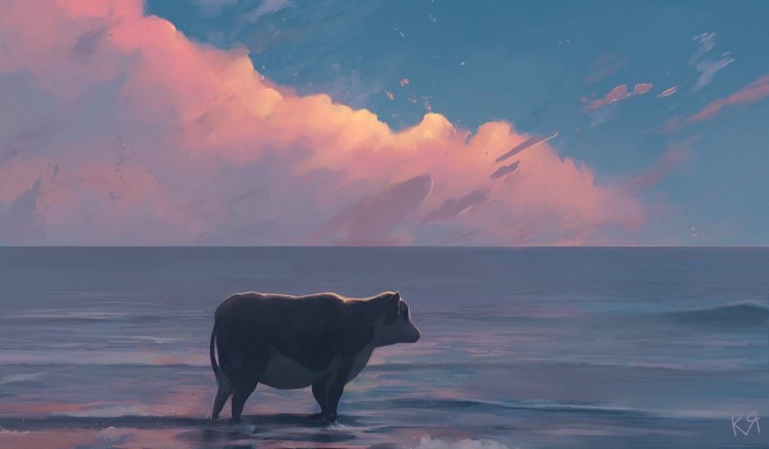 Cow standing in the ocean at sunset