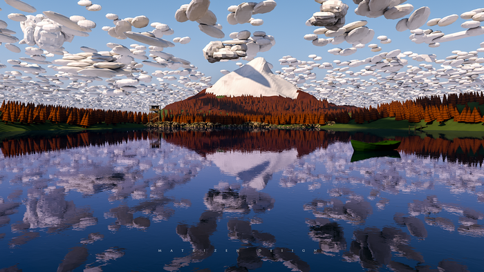 Low poly mountain landscape with lake and boat