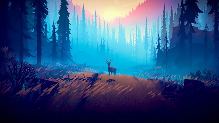 Deer in a misty forest with colorful sky