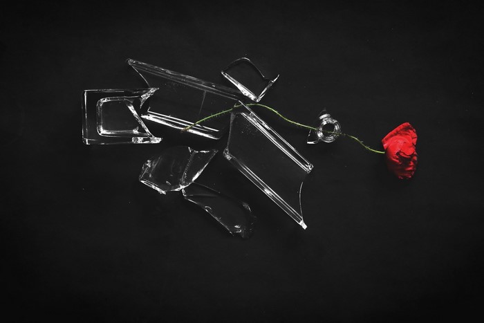 Broken glass vase with red rose on black background