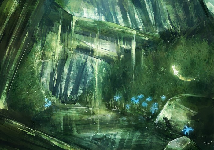 Fairy in a magical green forest with blue flowers