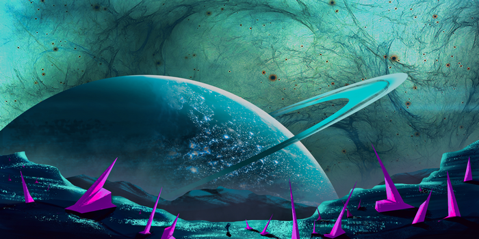 Alien planet with rings and crystalline formations